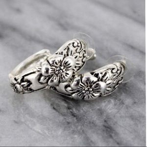 Silvertone Flower Scroll Spoon Hoop Earrings